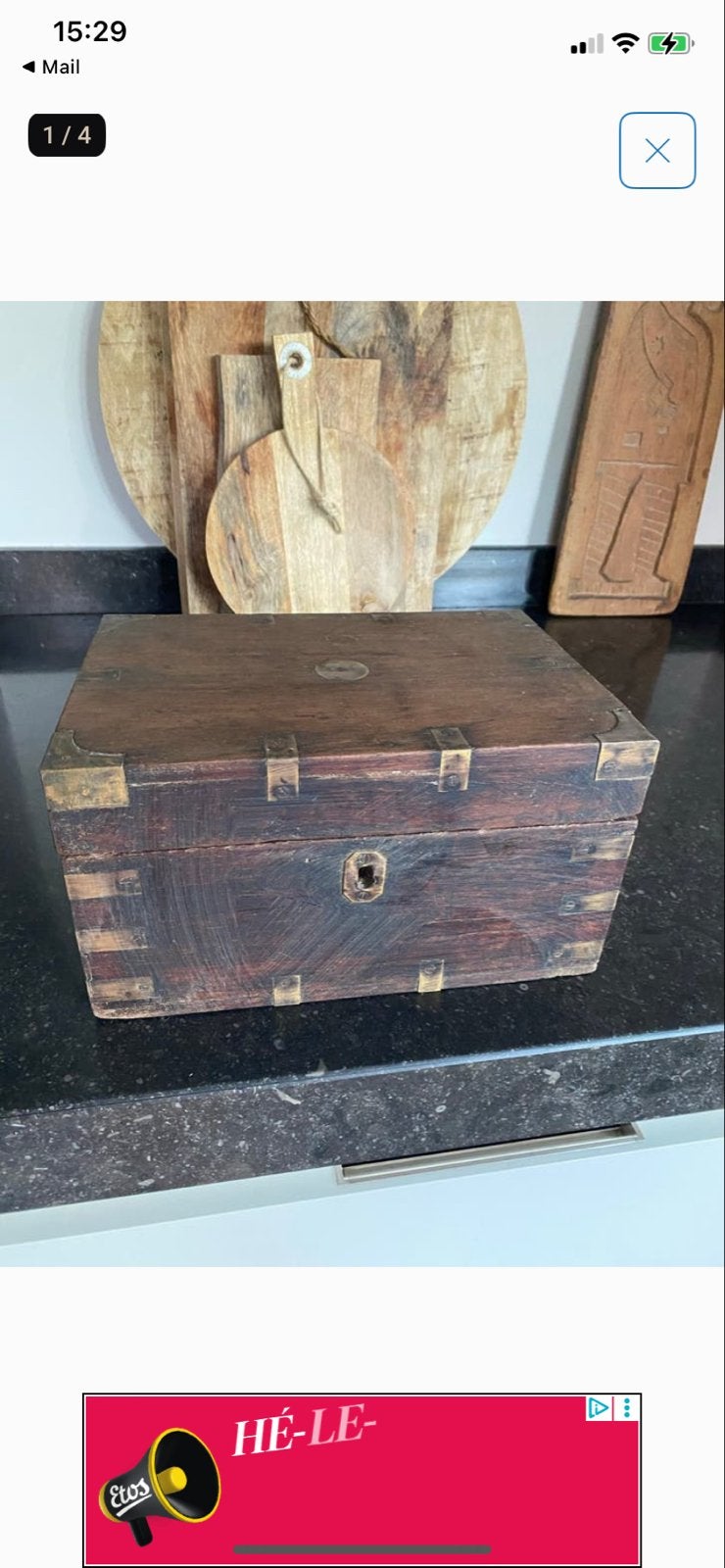 Antiek houten kistje uit India met messing details, Ophalen of Verzenden