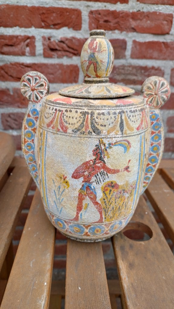Grieks handbeschilderde pot met deksel 25 cm koopje, Ophalen of Verzenden