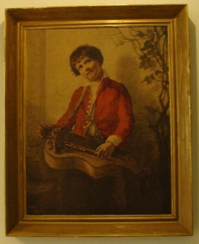 Jongen met muziek instrument afbeelding in lijst 61 x 76 cm, Ophalen, Gebruikt