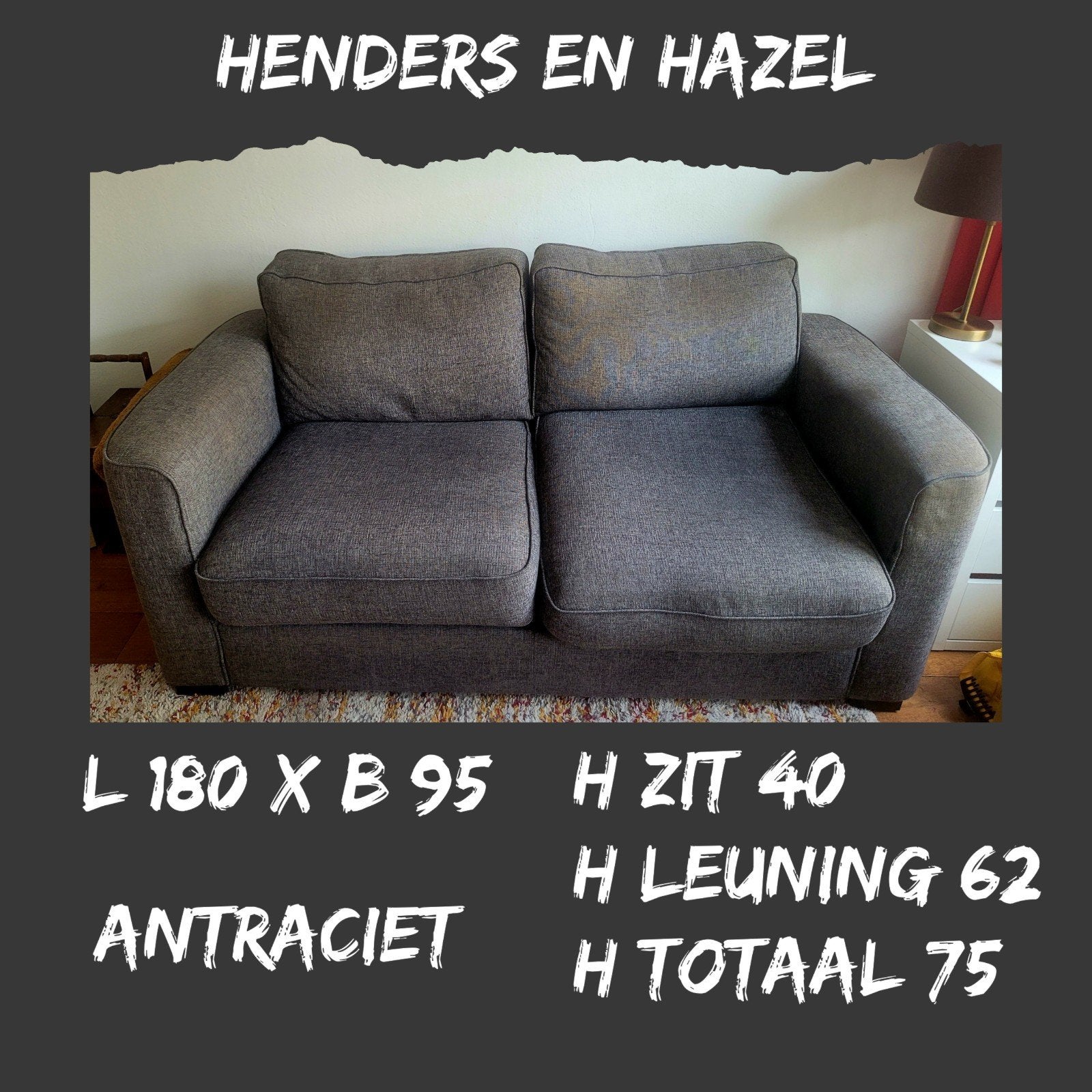 Henders en Hazel bank antraciet grijs, Ophalen, Gebruikt, 150 tot 200 cm, Tweepersoons