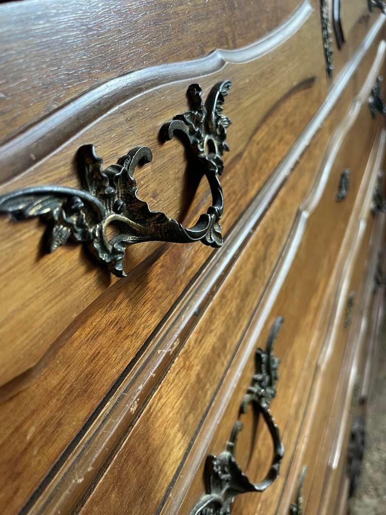 Vintage Franse houten commode 5 lades met wit marmeren blad, Ophalen, Gebruikt, 100 tot 150 cm, 5 laden of meer