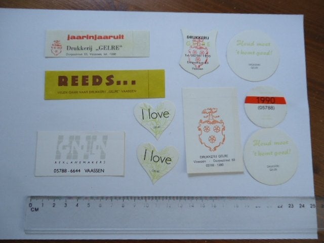 sticker oud Vaassen drukkerij Gelre + reklame buro vintage, Verzenden, Zo goed als nieuw, Bedrijf of Vereniging