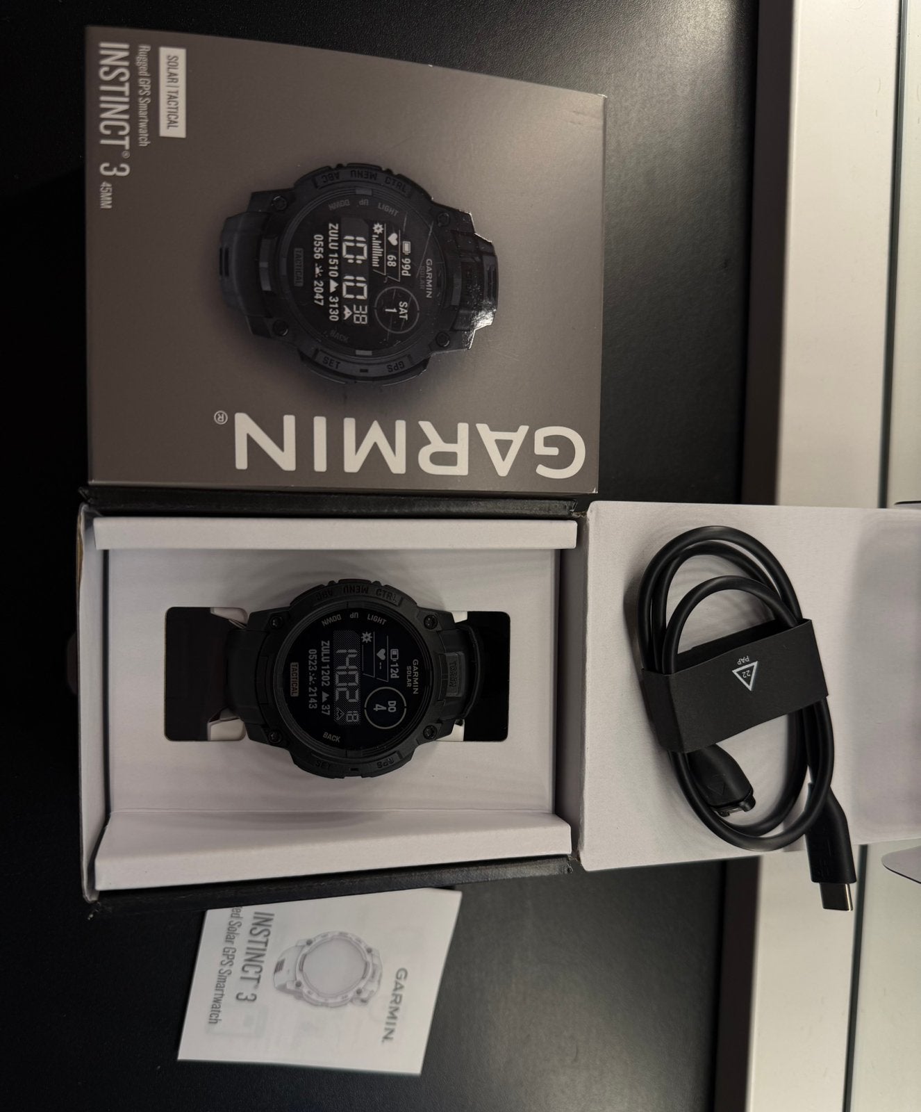 Instinct 3 – 45 mm, Solar, Tactical Edition, Ophalen, Zo goed als nieuw, Zwart, Android