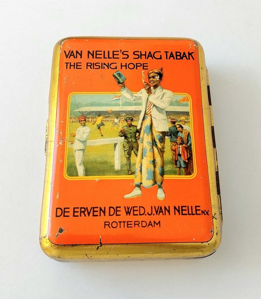 Antiek Reclame Blik Tabak Shag Van Nelle Indonesië Indië, Verzamelen, Blikken, Verzenden, Gebruikt, Van Nelle