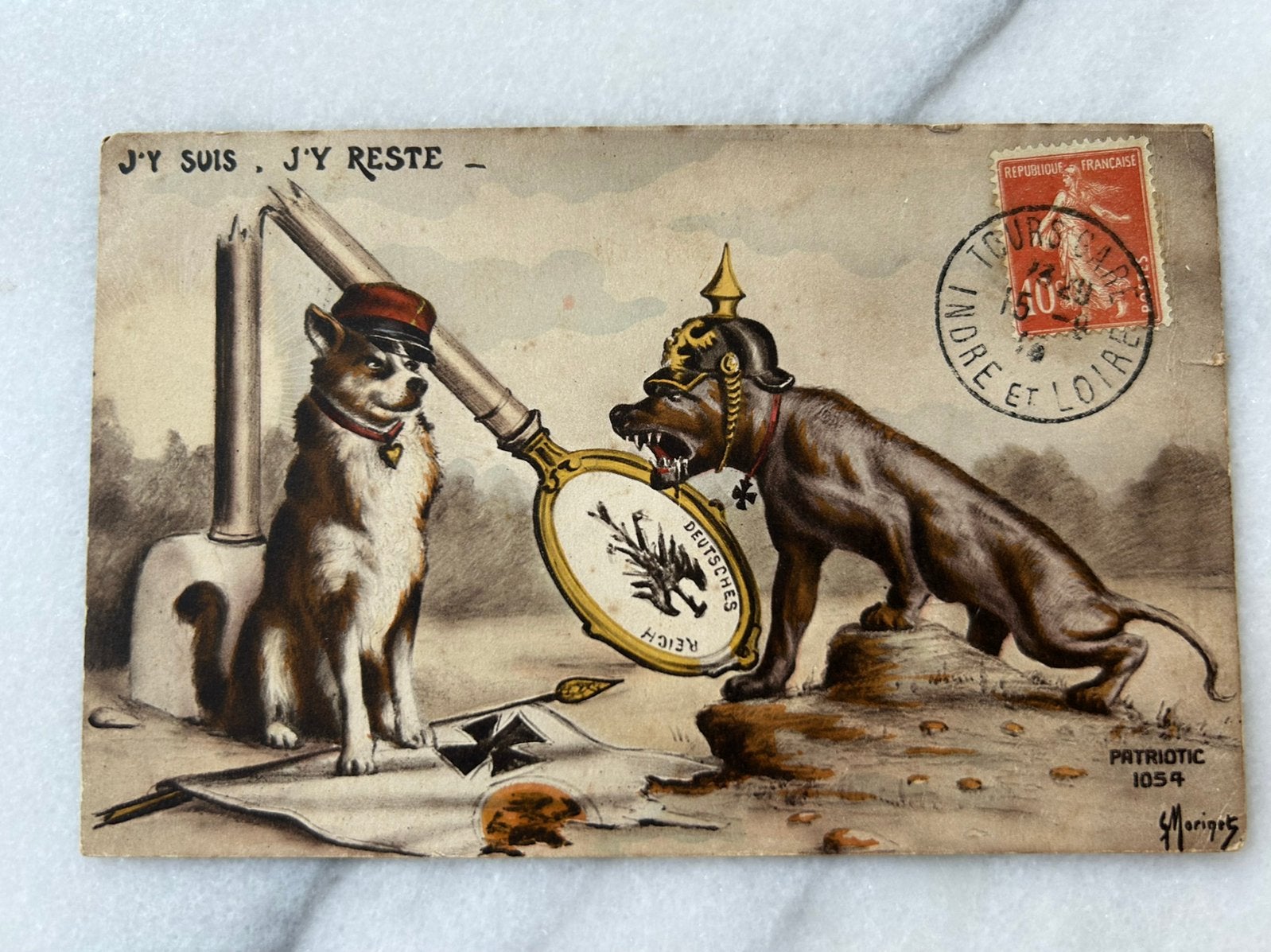 Wo1: ak grenspaal honden pickelhaube humor, Ophalen of Verzenden, Landmacht, Nederland, Foto of Poster