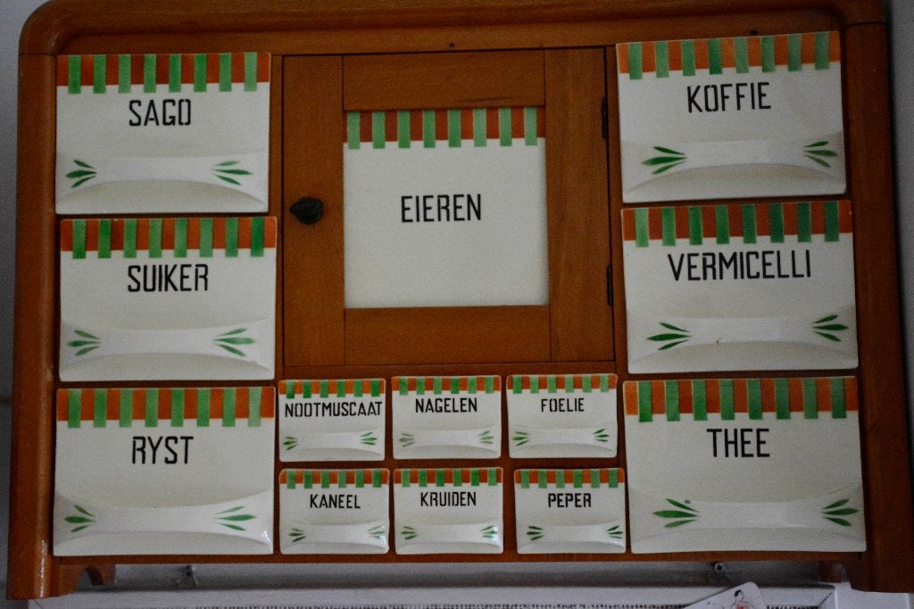 Vintage kruidenrek met porseleinen lades - Jaren '30, Ophalen, Gebruikt, Bruin, 50 tot 100 cm