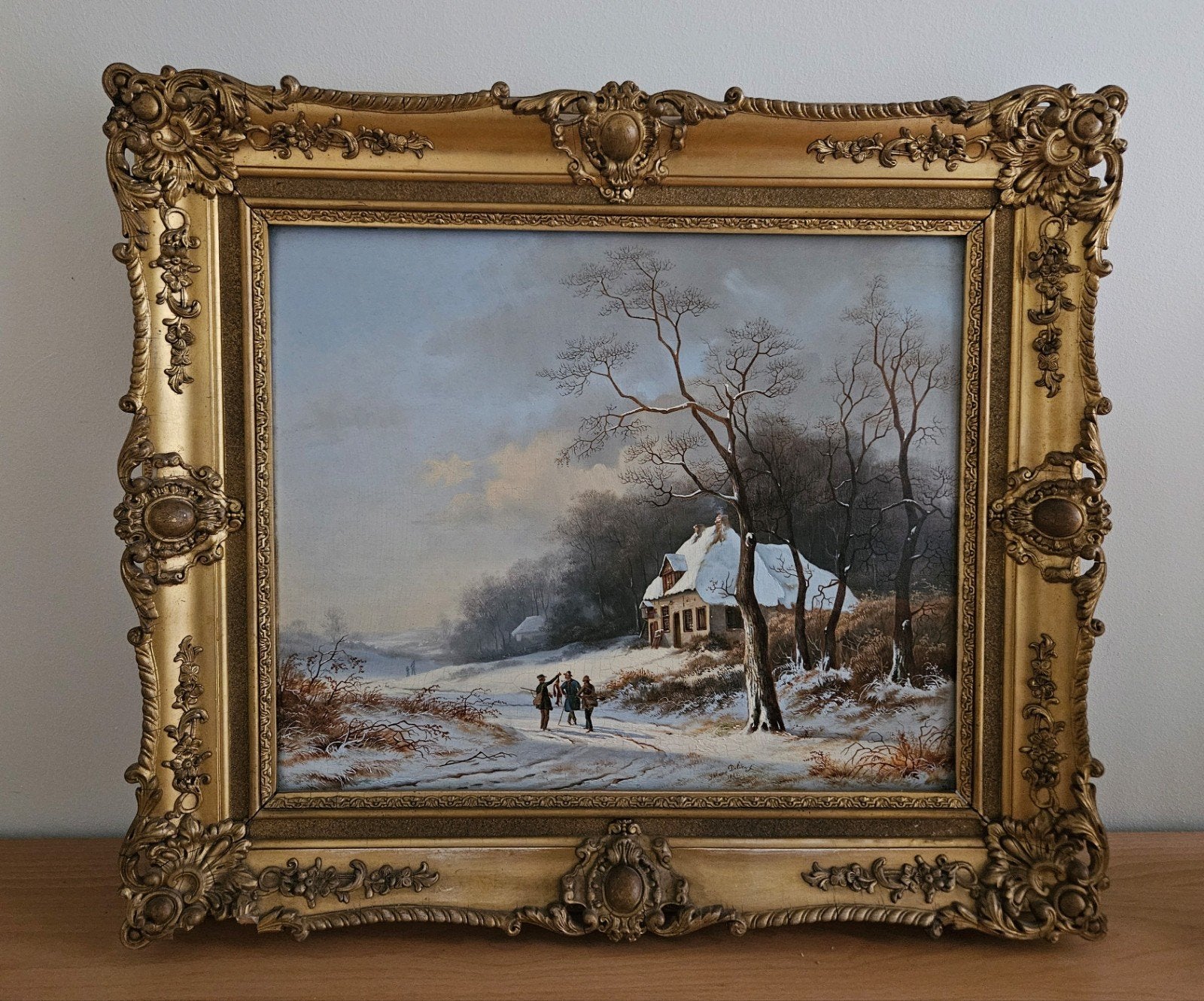 Antiek Schilderij: Winterlandschap & Jagers, gesigneerd 1841, Antiek en Kunst, Ophalen
