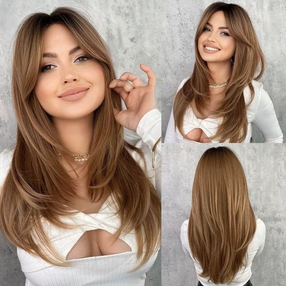 Pruik lang haar in laagjes caramelblond mix model Leyla, Verzenden, Nieuw, Pruik of Haarverlenging