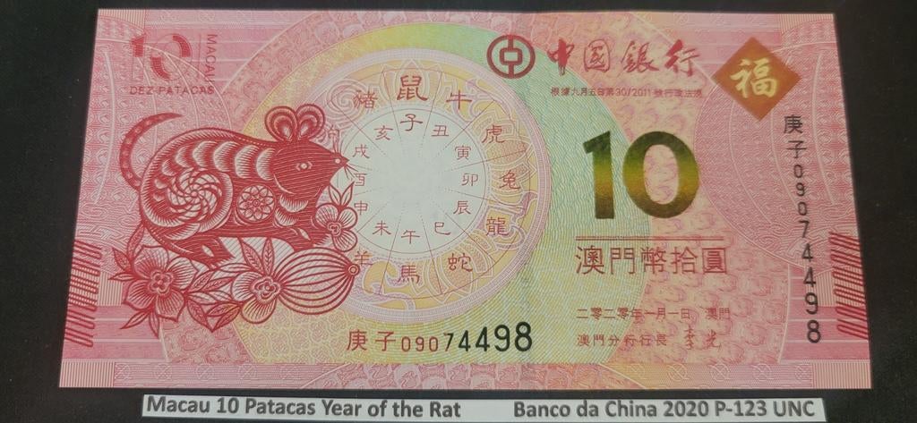Macau 10 Patacas Jaar van de Rat 2020 P-123 UNC, Ophalen of Verzenden