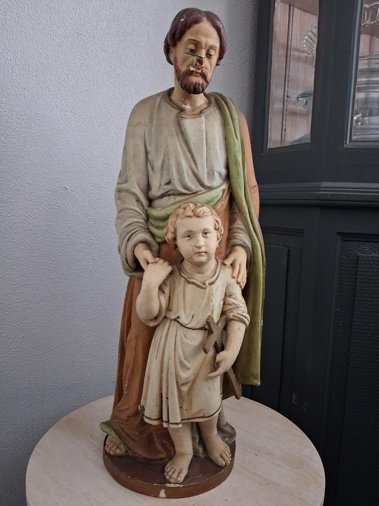 Antiek beeld Jozef met kindje Jezus, Antiek en Kunst, Ophalen of Verzenden
