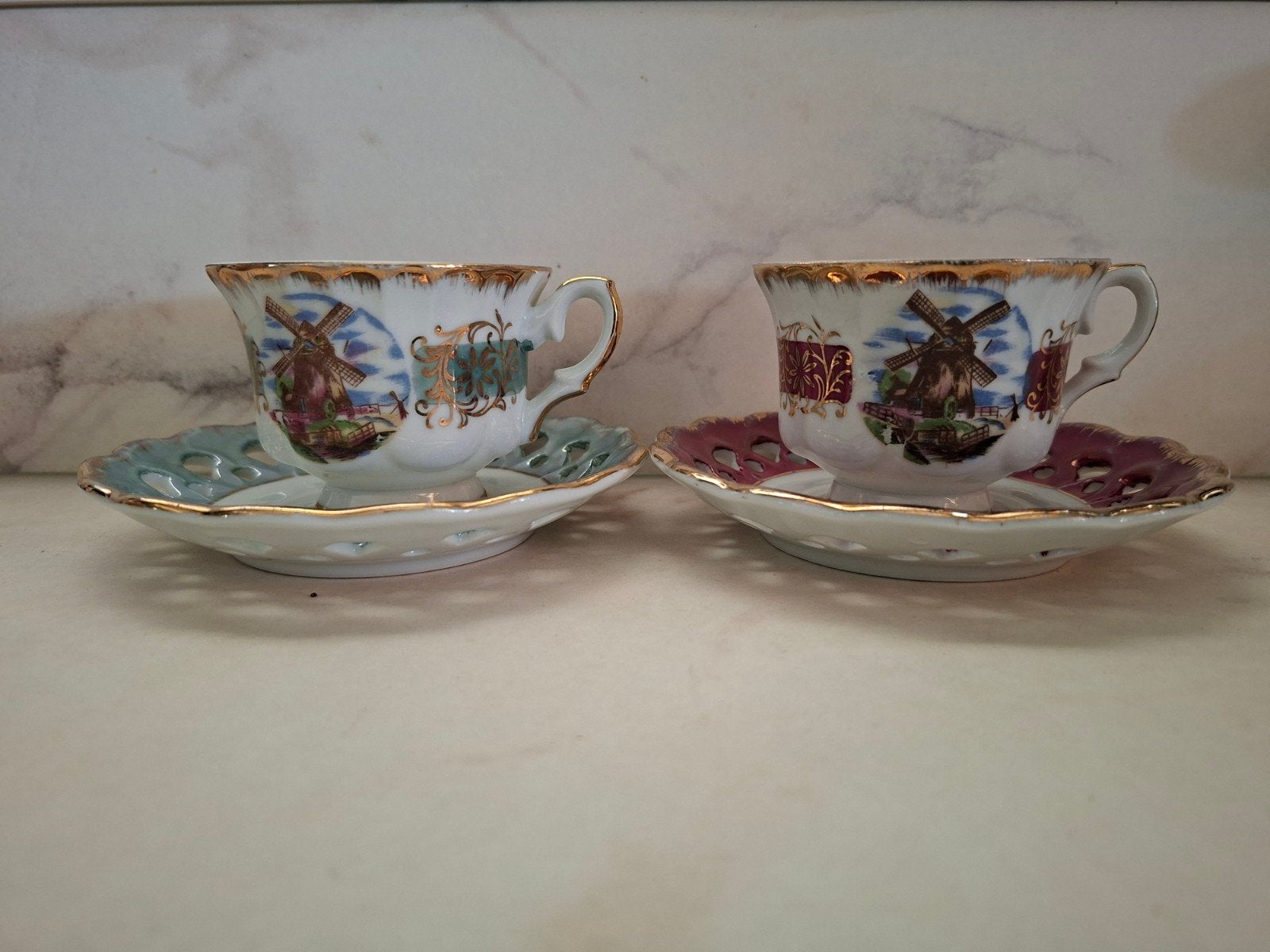 Vintage theekop en schotel met molen decoratie, Ophalen of Verzenden