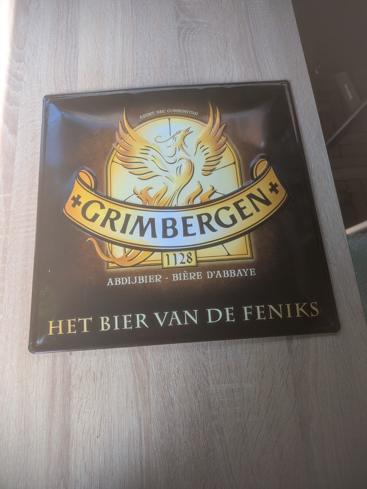 Grimbergen Reclamebord - Het Bier van de Feniks, Ophalen of Verzenden, Gebruikt, Reclamebord, Plaat of Schild