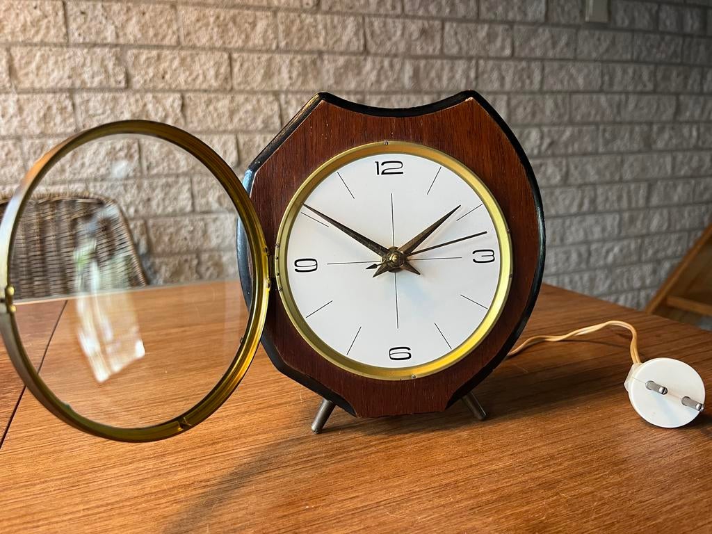 Teakhouten tafelklok, waarschijnlijk Nufa, Mid-century, Antiek en Kunst, Ophalen of Verzenden