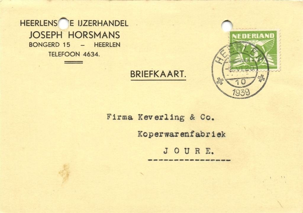 Joseph Horsmans, Heerlen - 06.1939 - briefkaart, Ophalen of Verzenden, Briefkaart