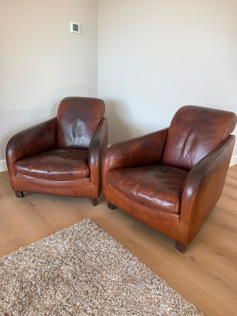2 Luxe leren design fauteuil – cognac/bruin, Huis en Inrichting, Banken | Bankstellen, Ophalen, Gebruikt, Minder dan 150 cm, Leer