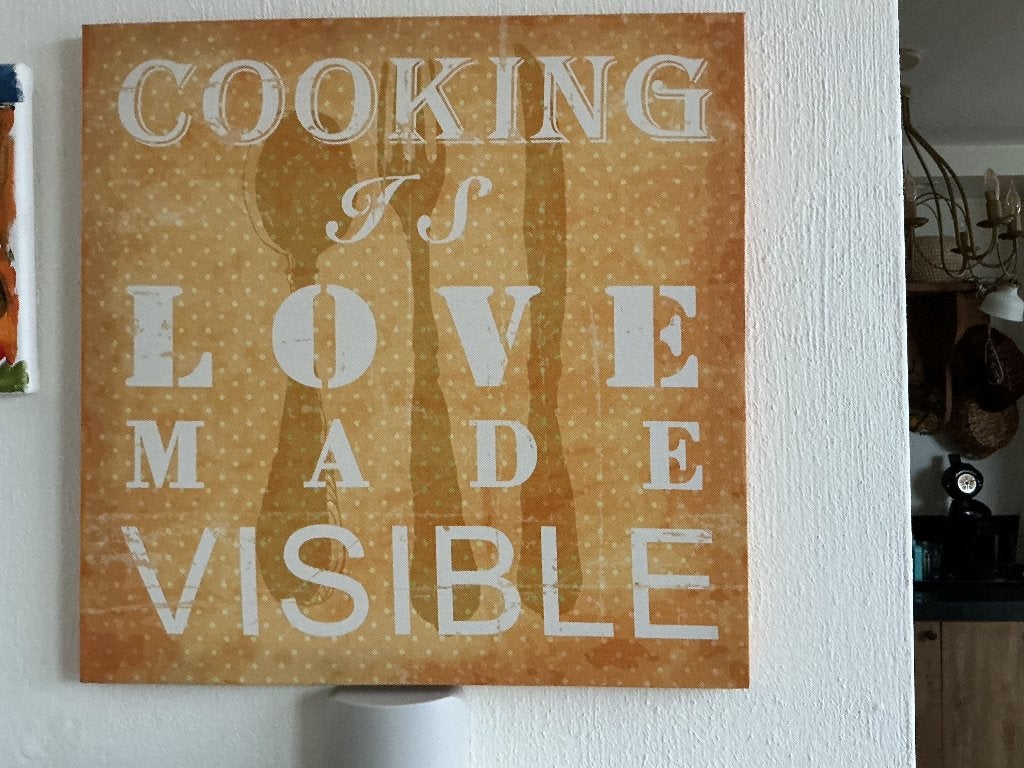 Tekstbord schilderij cooking is love made visible, Schilderij, Ophalen of Verzenden, Zo goed als nieuw, Kunststof