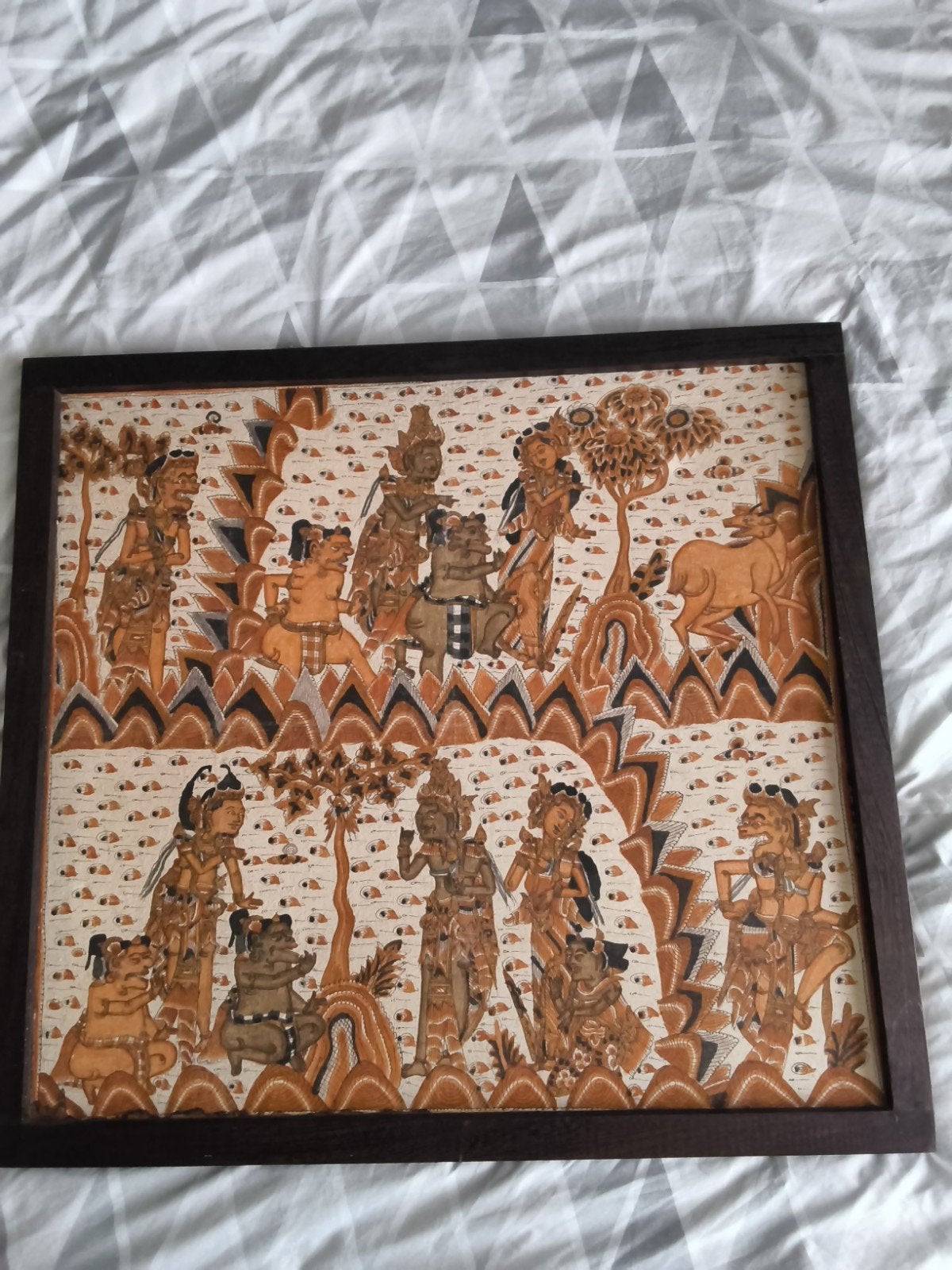 Indonesisch schilderij op doek Wajang kamasan hindoe epos, Antiek en Kunst, Indonesië, Ophalen, Schilderij