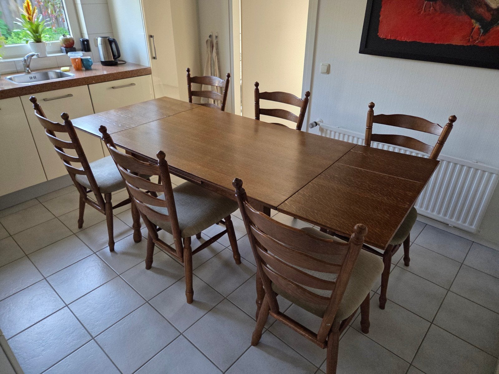 Eikenhout uitschuifbare tafel met stoelen, Ophalen, Gebruikt, 4 tot 6 stoelen