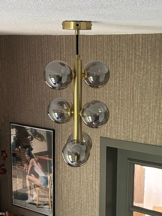 Moderne hanglamp met 6 glazen bollen - Zo goed als nieuw, Ophalen, Zo goed als nieuw, Glas, G9
