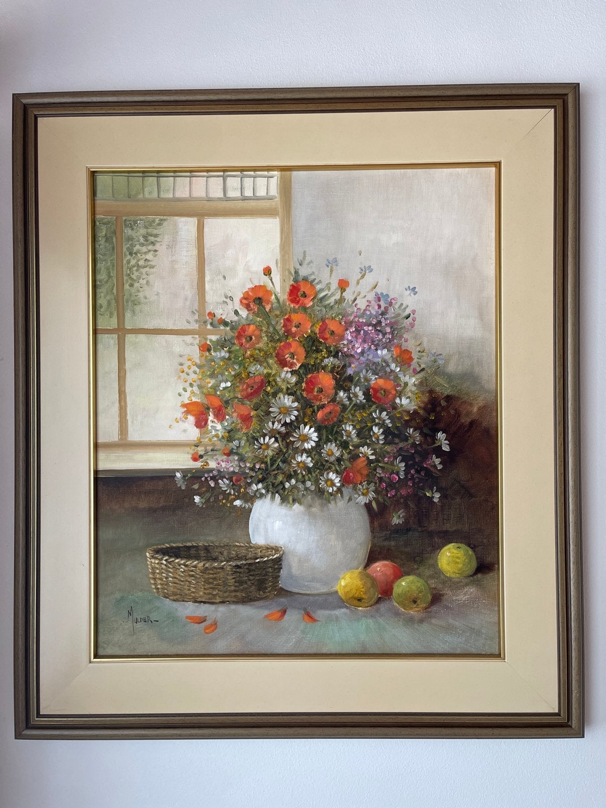Schilderij 'Bloemen en fruit' gesigneerd M. Mulder, Doek, Realistisch, Gesigneerd, Olieverf