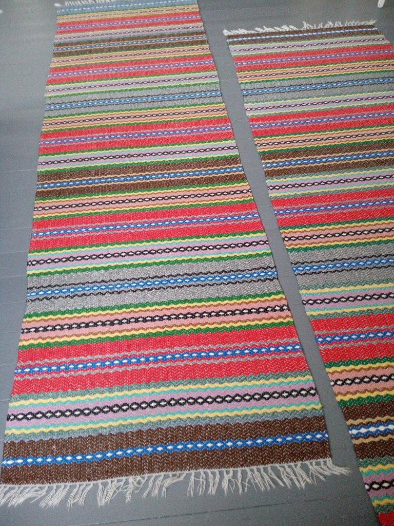 Zweedse lange kleurrijke vloerlopers/gangmatten/plast-matta, Huis en Inrichting, Ophalen, 200 cm of meer, Geel, 50 tot 100 cm