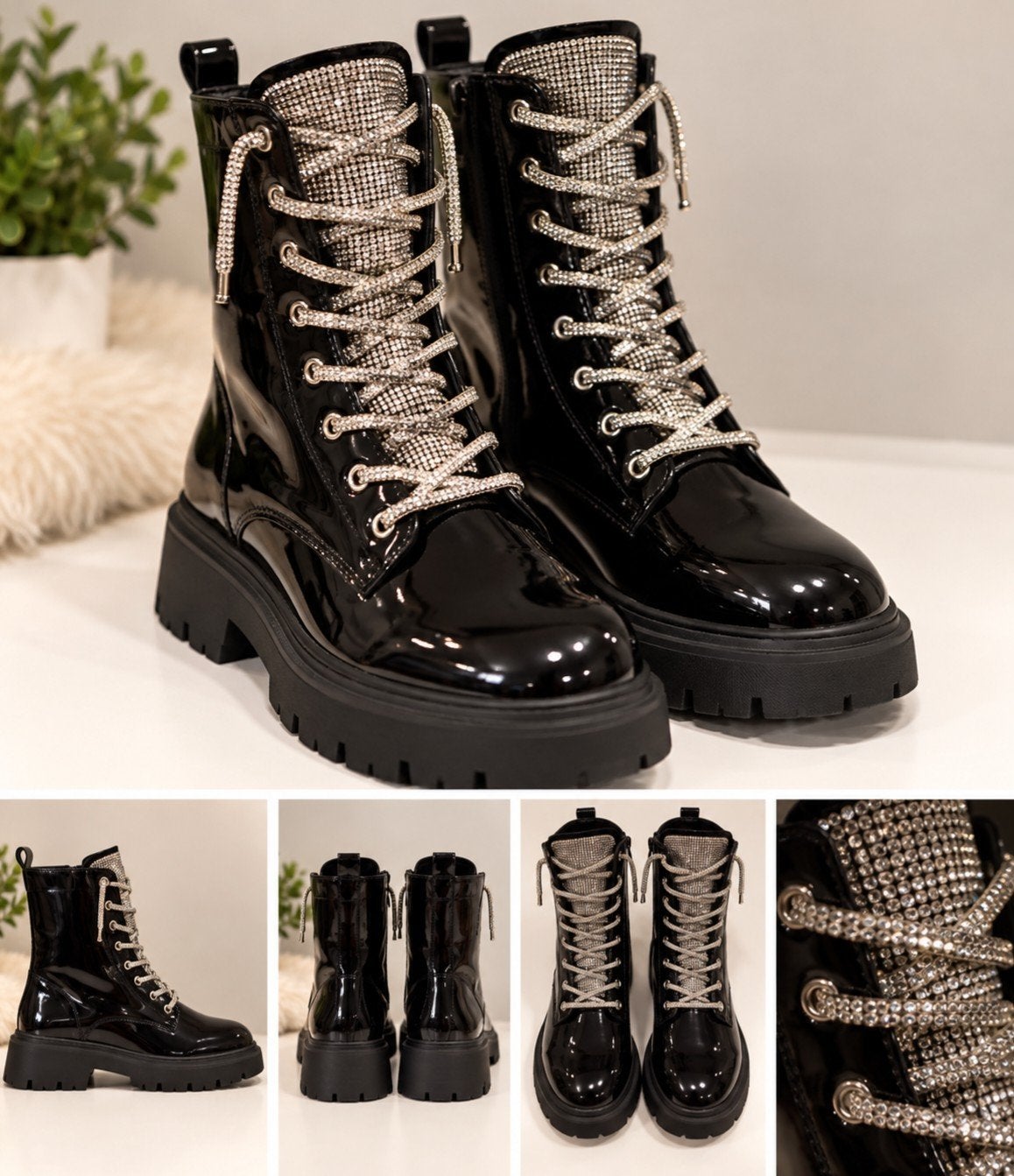 Zwarte lakleren boots met strass veters maat 36 tm 41, Ophalen of Verzenden, Nieuw, Overige kleuren, Overige typen