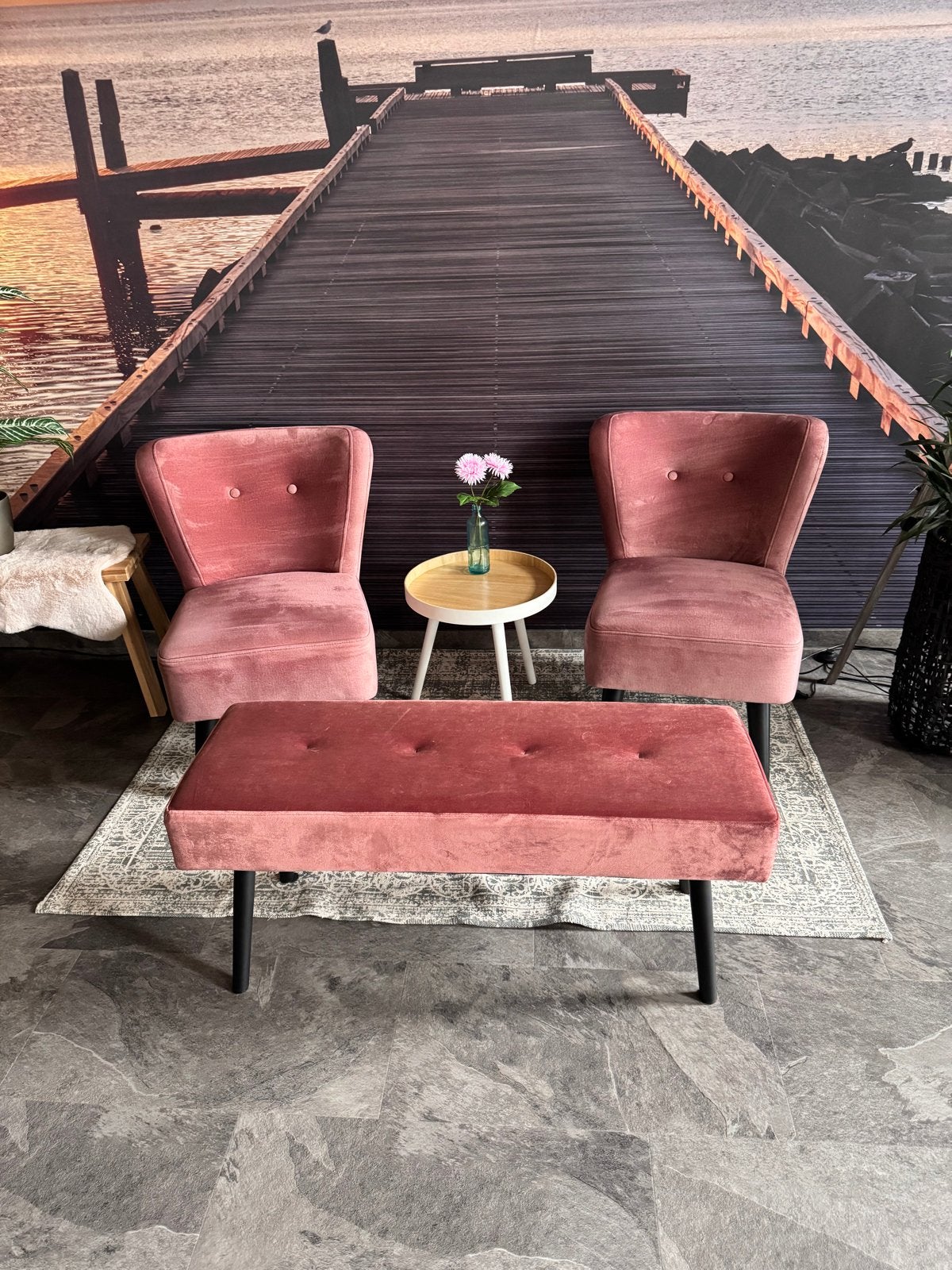 Set van 2 roze fluwelen stoelen en een bankje, Huis en Inrichting, Ophalen, Twee, Overige kleuren, Zo goed als nieuw