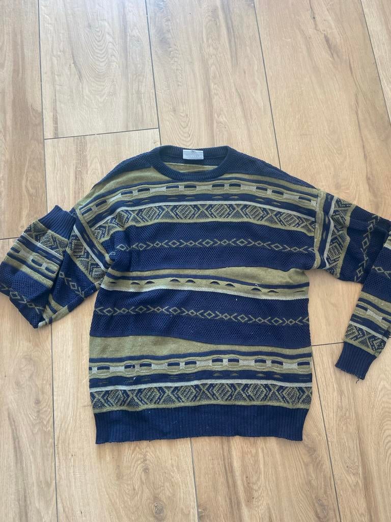 Vintage trui mosterd groen blauw design - Maat L, Ophalen of Verzenden, Gedragen, Maat 52/54 (L), Groen