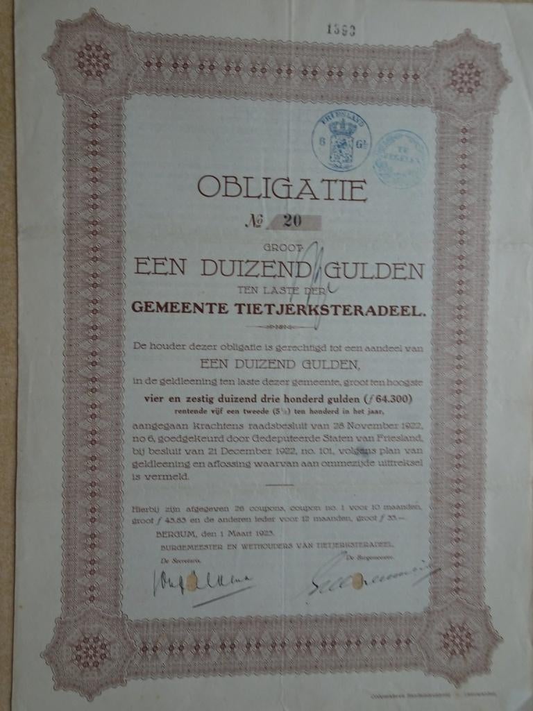 Obligatie 1000 Gld. Gemeente Tietjerkstersadeel. Bergum 1923, Ophalen of Verzenden, 1970 tot heden, Aandeel