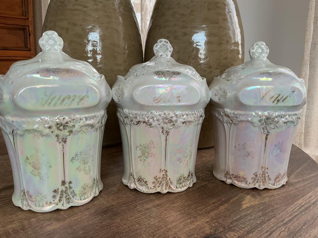 3 antieke parelmoer voorraadpotten, Ophalen of Verzenden