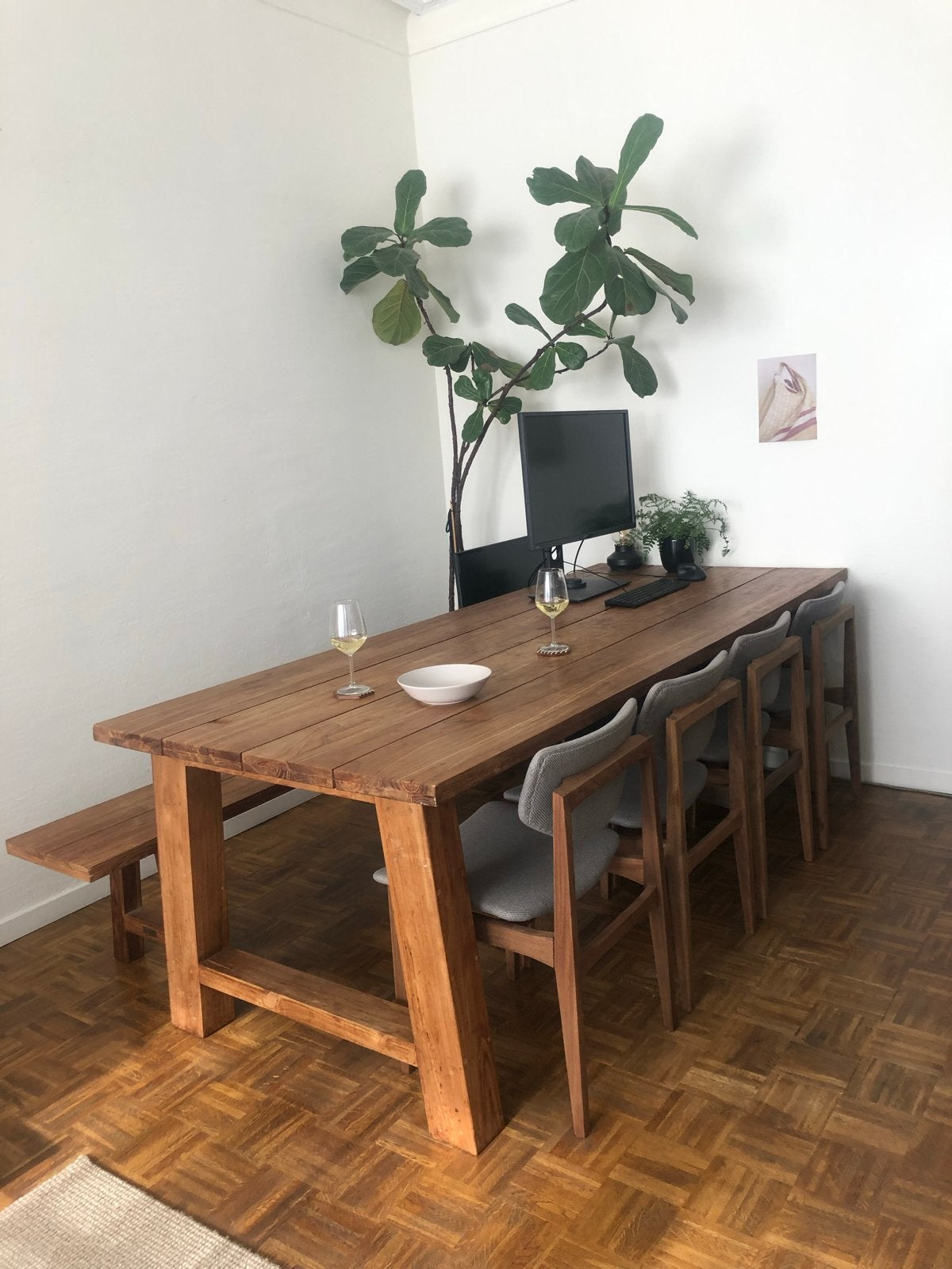 Massief houten kloostertafel 240x100 met bankje, Ophalen, Gebruikt, 100 tot 150 cm, 200 cm of meer