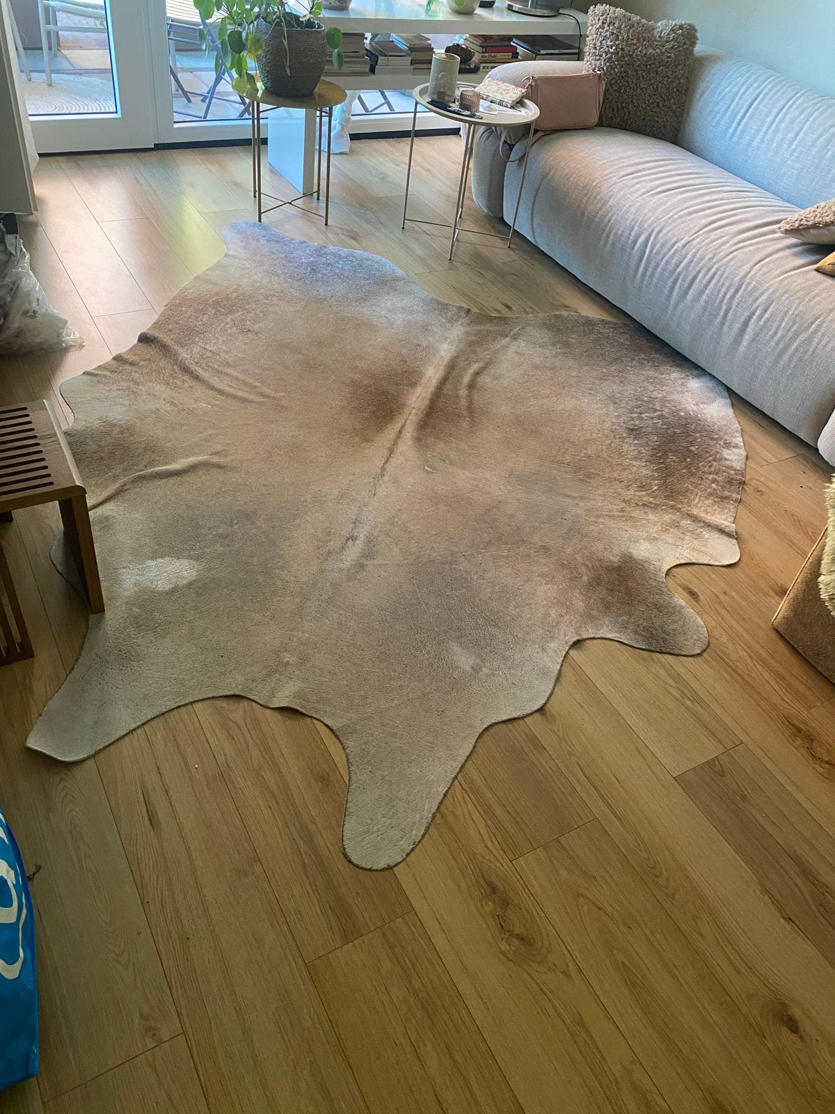 Mooie lichtgrijze beige vacht - Groot vloerkleed, Gebruikt, 150 tot 200 cm, 200 cm of meer, Ophalen of Verzenden