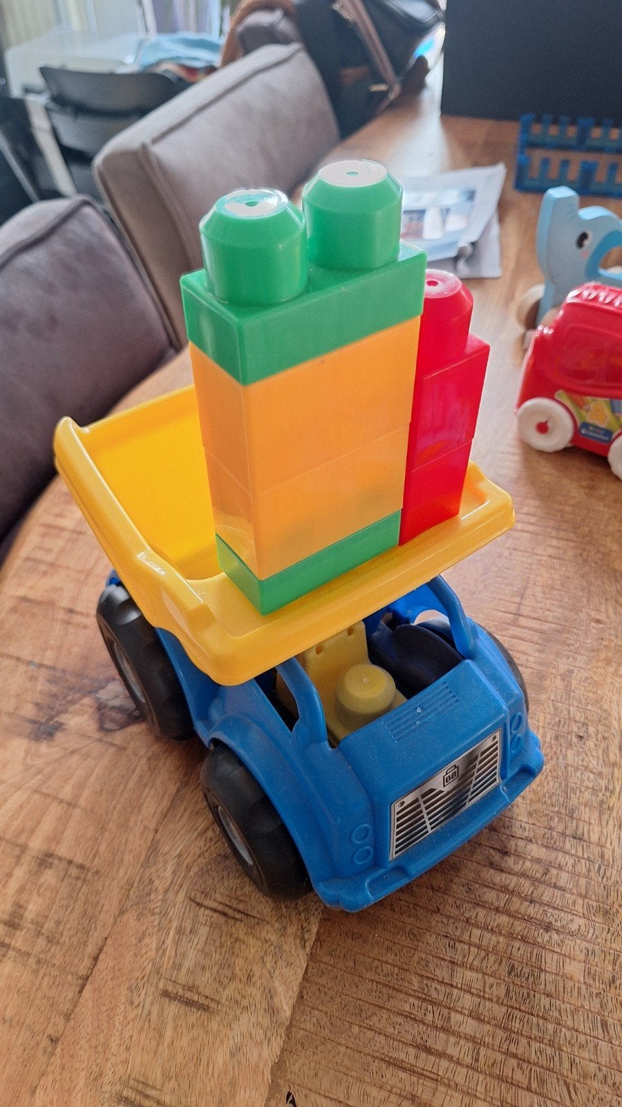Blauwe kiepwagen met bouwblokken - Speelgoed, Ophalen, Gebruikt, Overige merken