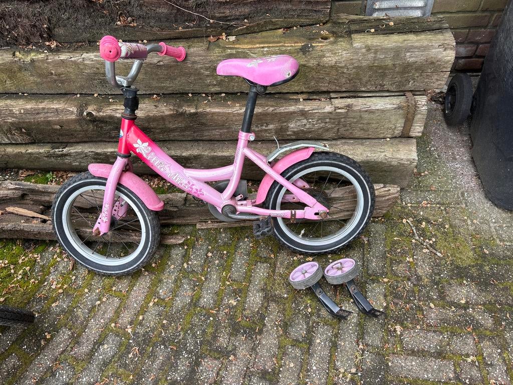 Roze kinderfiets 14 inch met zijwielen - Little Miss, Fietsen en Brommers, Ophalen, Terugtraprem, Zijwieltjes, Gebruikt