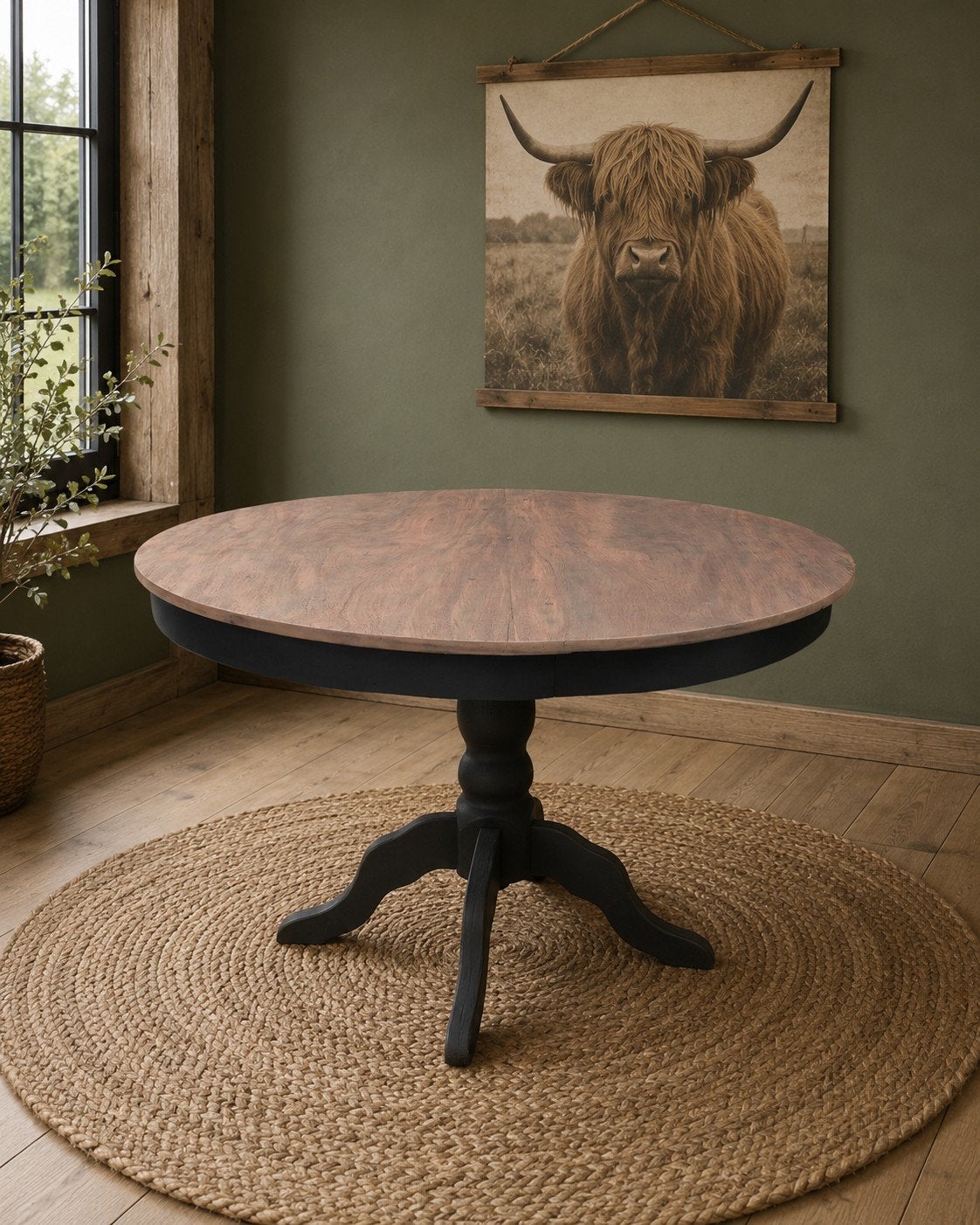 Ronde eettafel massief notenhout vergrijsd mat zwart, Huis en Inrichting, Muppetsmeubels@gmail.com, Middenhof 41 Rilland, Rond
