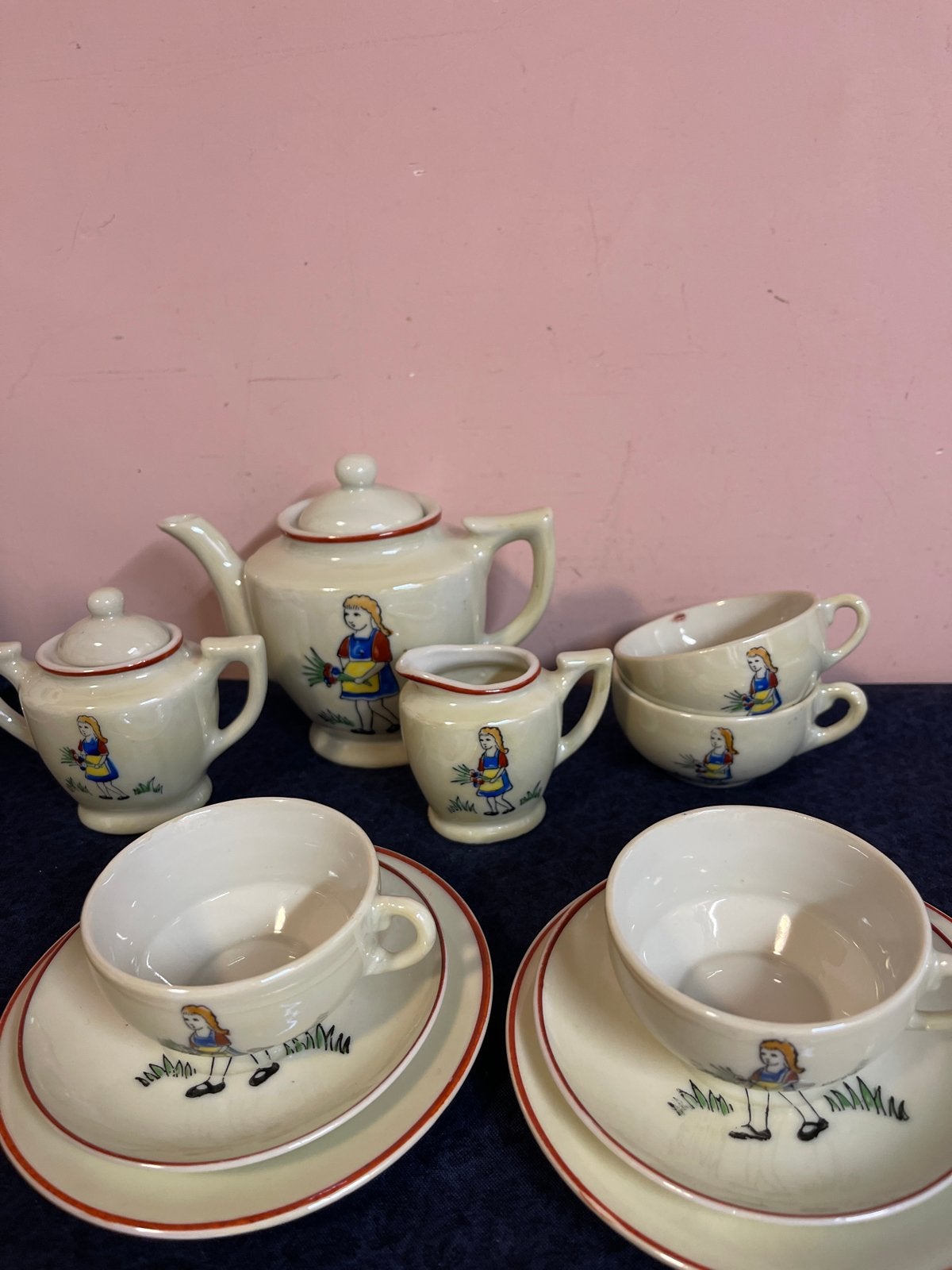 Antieke Forreign poppen kinder servies met meisje en bloemen, Antiek en Kunst, Ophalen of Verzenden