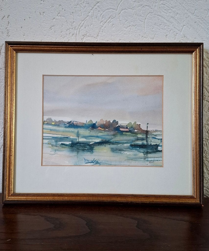Aquarel van Harrie Schreinemachers, ingelijst 32x26cm, Maritiem / water, Ophalen of Verzenden, Aquarel, Papier