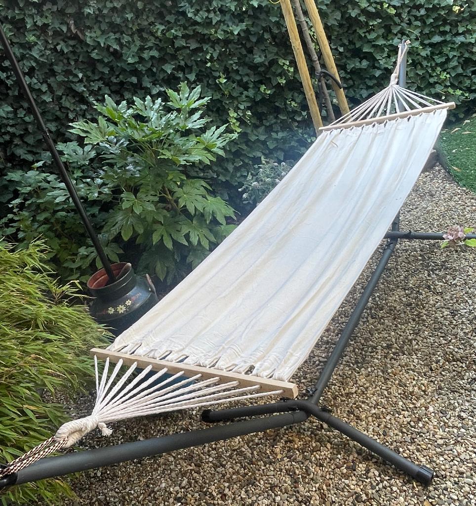 Hangmat standaard outdoor ijzer grijs met nieuwe hangmat, Ophalen, Opvouwbaar, Gebruikt, Eenpersoons