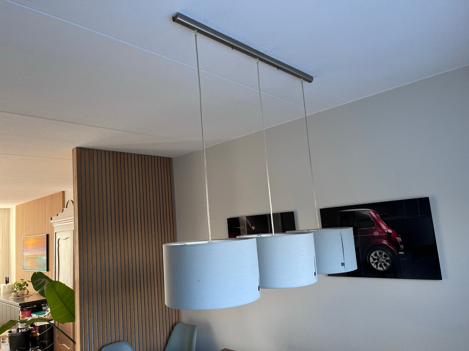 RVS hanglamp met 3 grijze stoffen kappen (35 cm), Ophalen of Verzenden, Gebruikt, Metaal, E27 (groot)