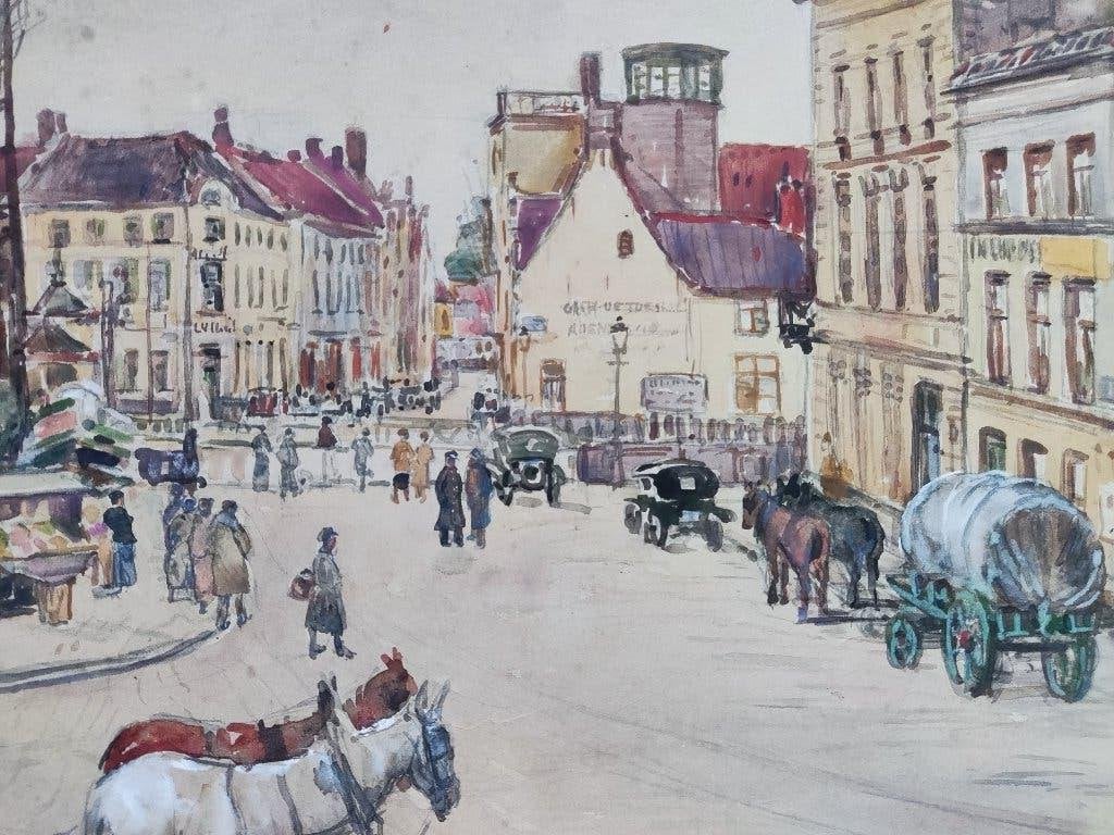Piet Cornelis Kramer (1879-1940) - Gezicht op Brugge (1929), Ophalen of Verzenden, Schilderij, Aquarel, Gesigneerd