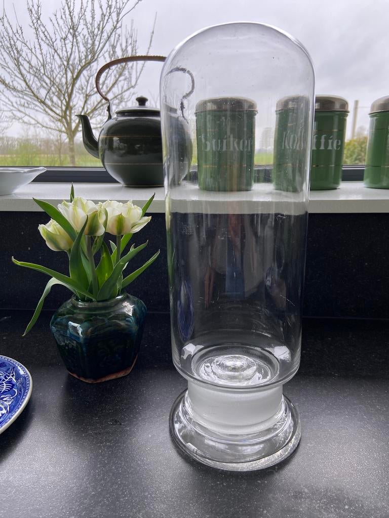 Oude antieke glazen stolp fles stop voorraadpot rond glas, Ophalen of Verzenden