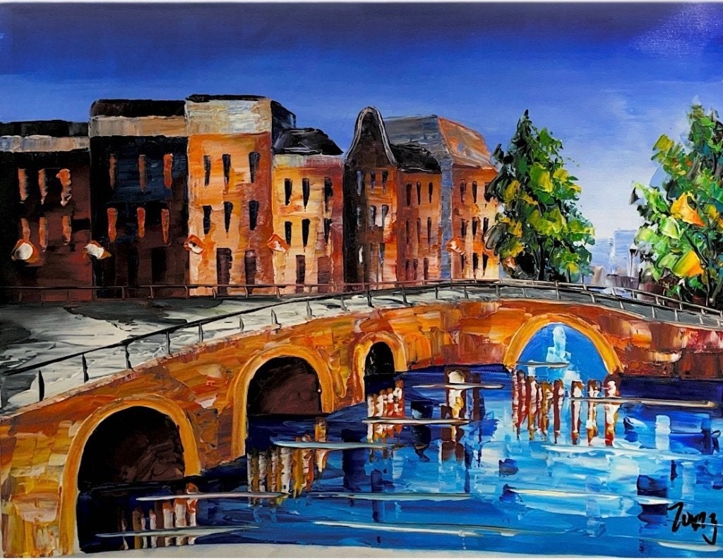 Schilderij grachtenpand met brug - 50x60 cm, Handgeschilderd, Ophalen of Verzenden, Olieverf, Stadsgezicht