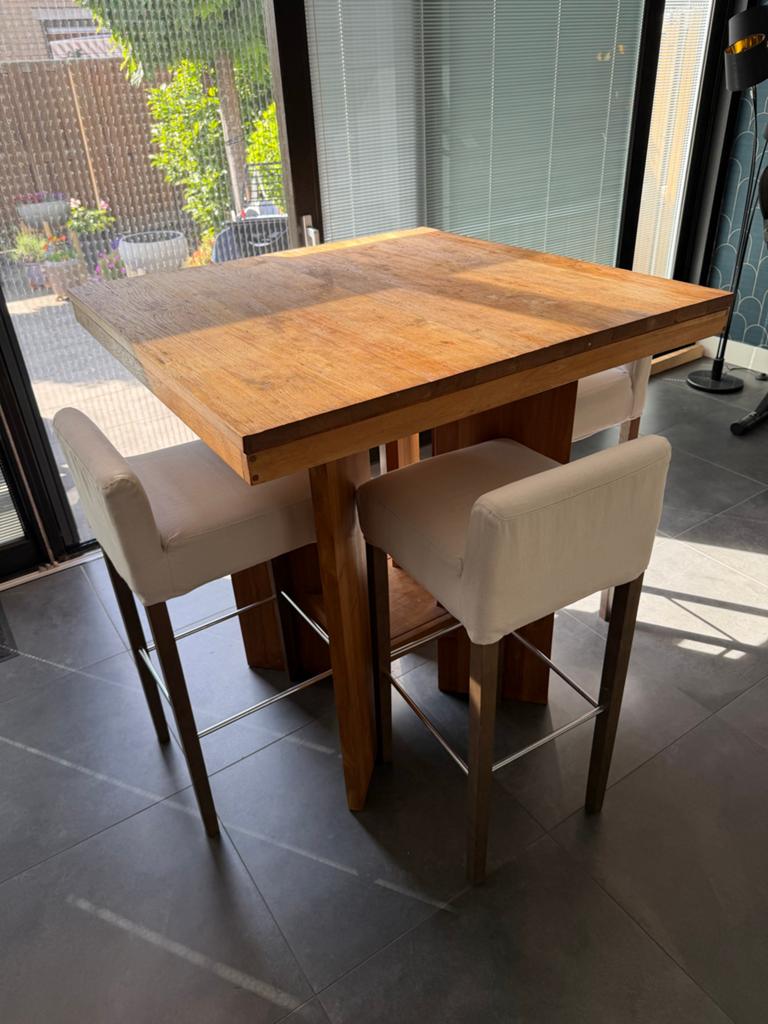 Teakhouten Bartafel met 4 Barkrukken, Huis en Inrichting, Tafels | Eettafels, Ophalen, Gebruikt, 100 tot 150 cm, 50 tot 100 cm