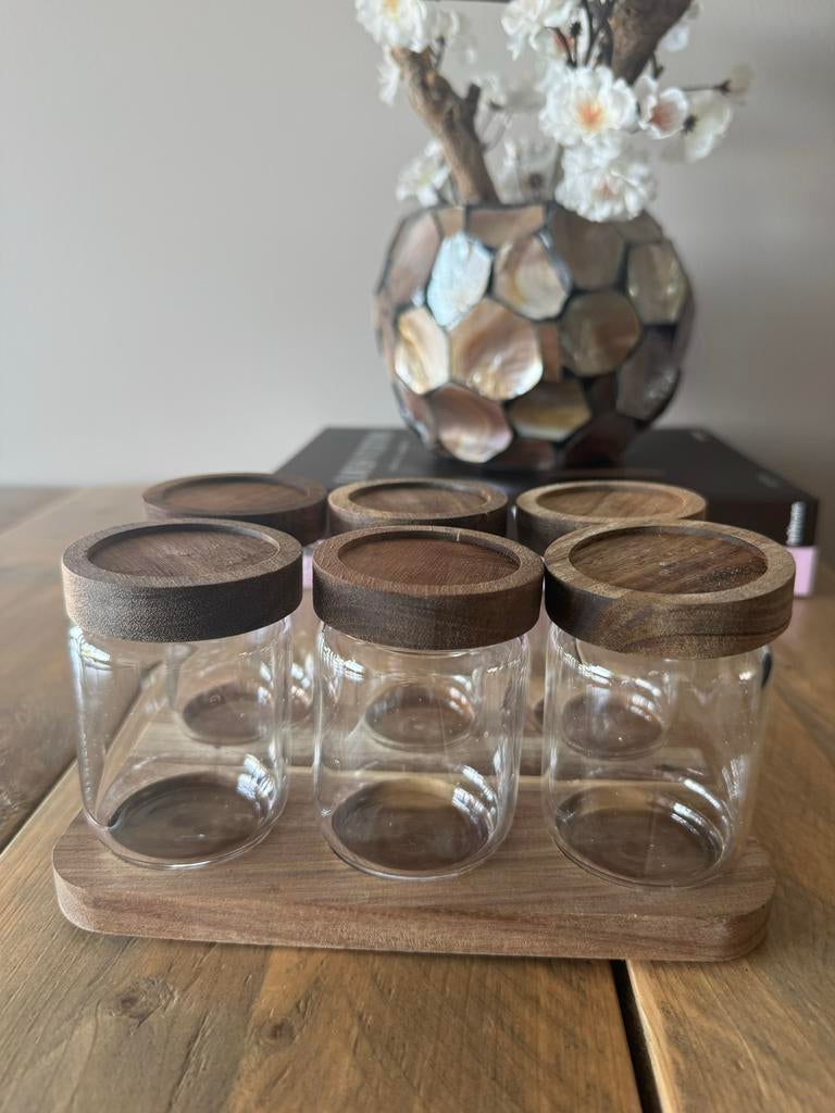 Rek met 6 kruidenpotjes, Ophalen of Verzenden, Zo goed als nieuw, Meerkleurig, Glas