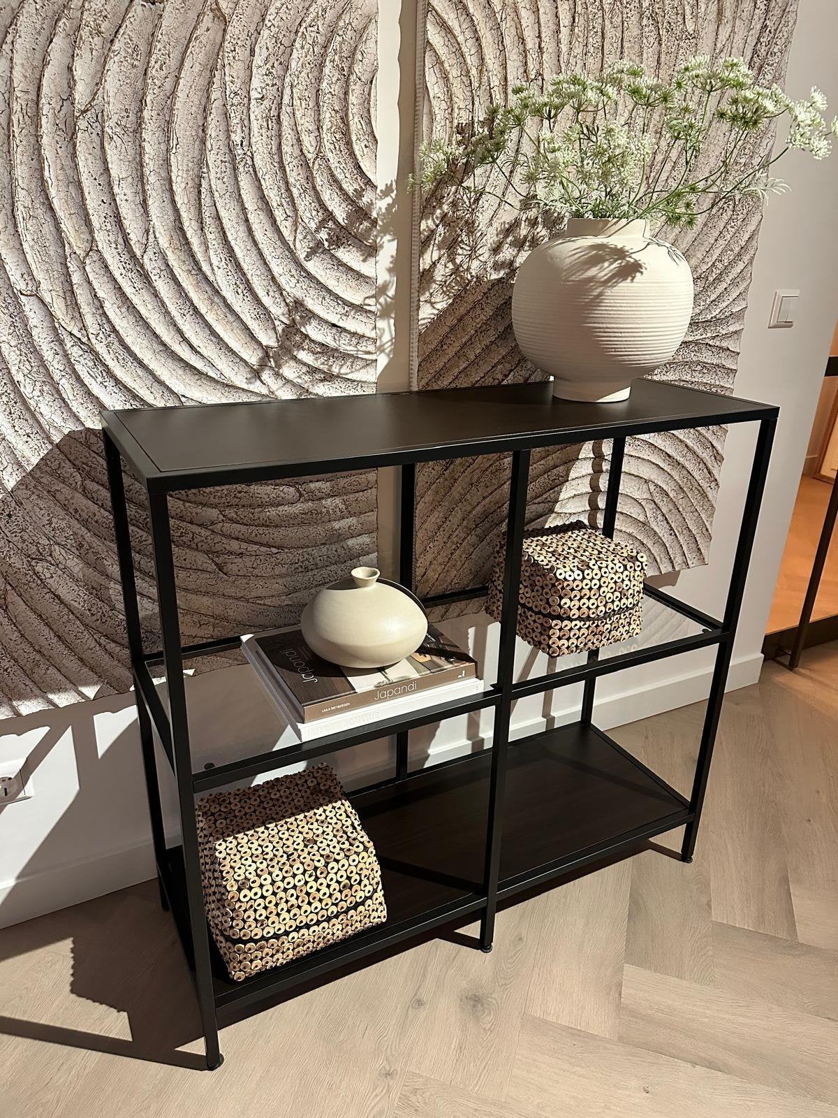Leuke moderne metalen sidetable met glazen en bruine planken, Glas, 100 tot 150 cm, Design, Ophalen of Verzenden