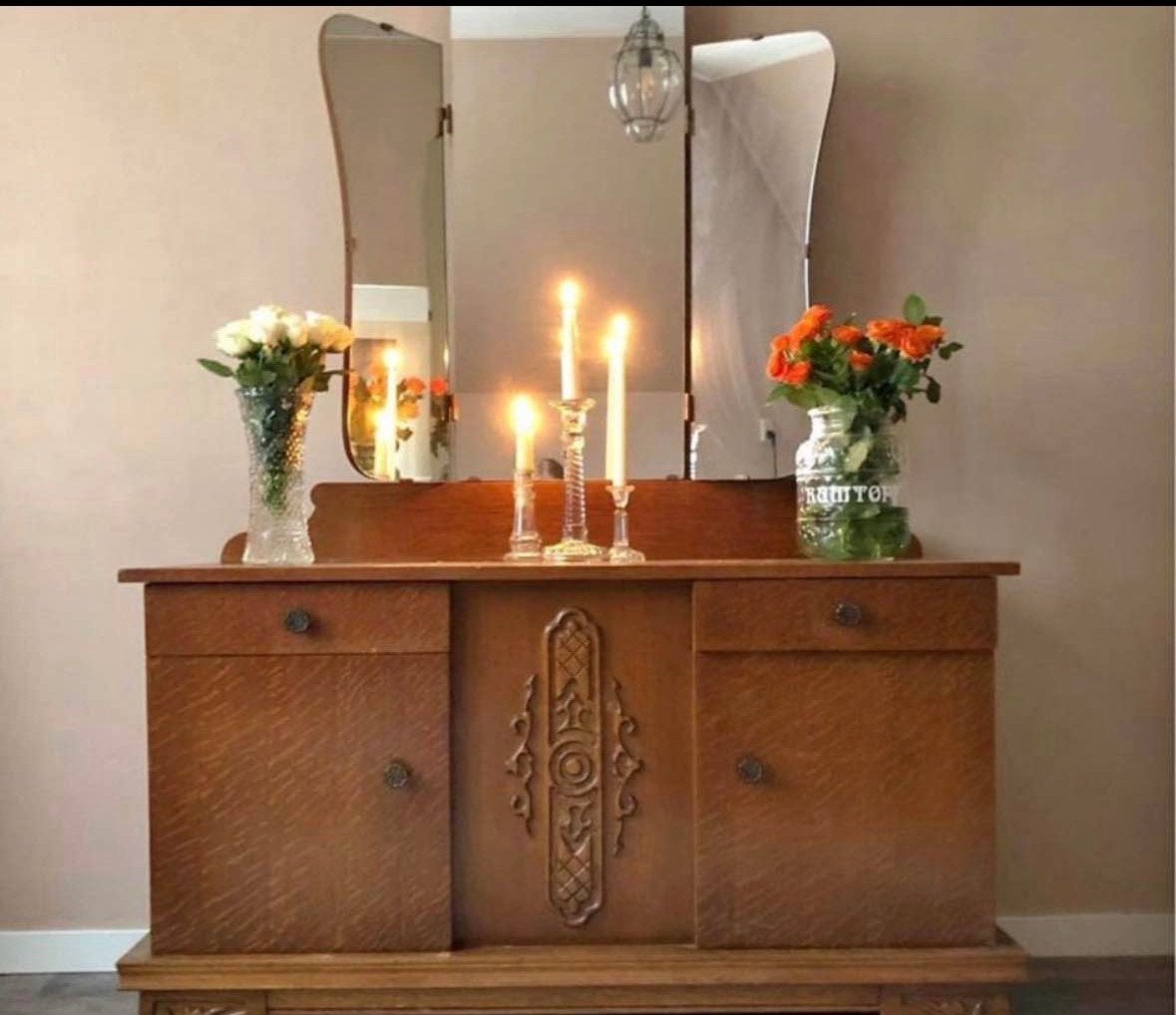 Antieke houten kaptafel met spiegel, Ophalen of Verzenden, Gebruikt, Hout, 100 tot 150 cm