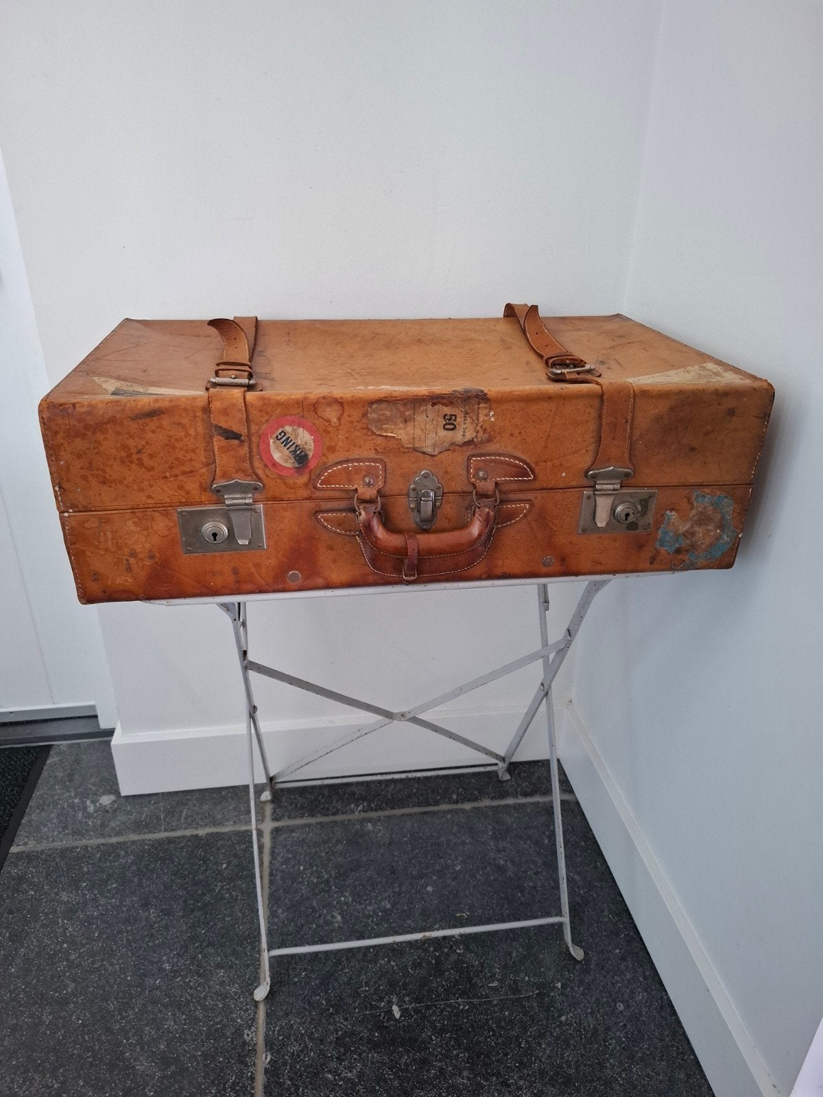 Prachtige leren koffer met dubbele handgreep, 60 tot 70 cm, Gebruikt, Slot, Leer