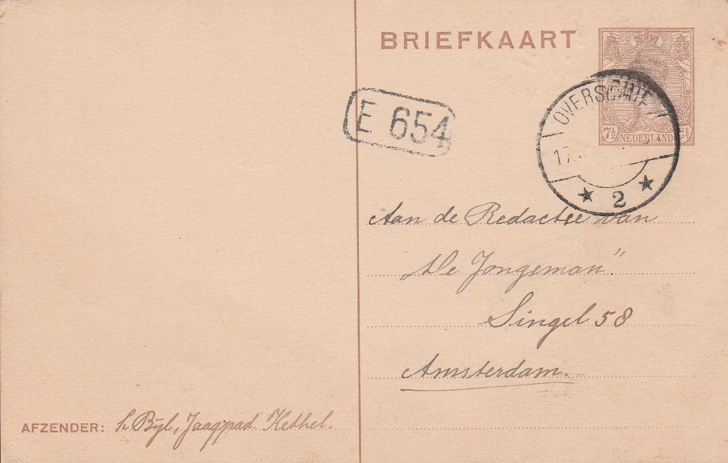 KETHEL 1924 afz BIJL Jaagpad B. 75 secr. C.J.V. PREDIKER 12, Ophalen of Verzenden, Voor 1920, Gelopen, Zuid-Holland