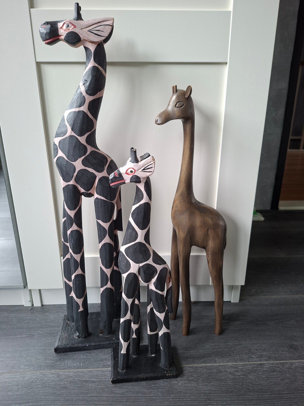 Set van 3 houten giraffen - 40, 50 en 60 cm hoog, Ophalen, Gebruikt, Meerkleurig, Hout