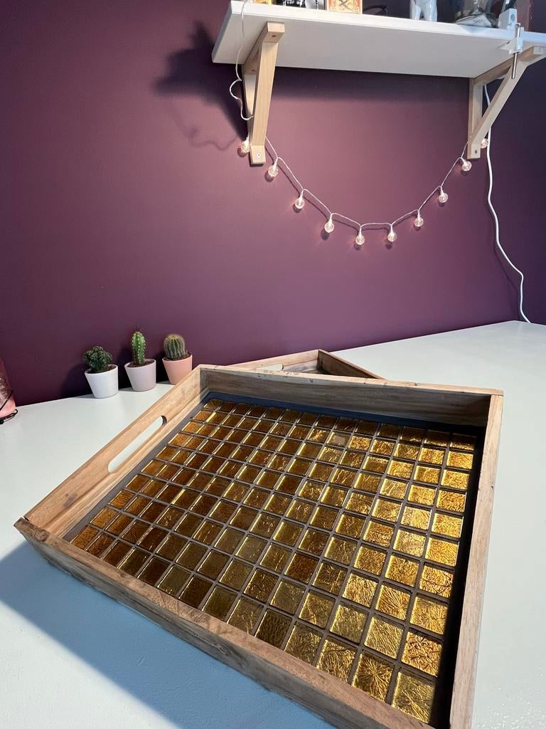 Houten dienblad met goudkleurige mozaïektegels, Ophalen, Nieuw, Rechthoekig, Hout